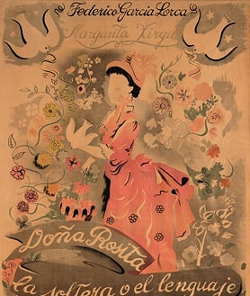 Imagen secundaria 2 - Sobre estas líneas, 'María Teresa con una tórtola' (1880), de Luis Madrazo (Colección Madrazo. Comunidad de Madrid). A la derecha, cartel de 'Doña Rosita La Soltera o El lenguaje de las flores', de Emil Grau i Sala. Arriba, diseño decorativo para cerámica del colectivo Costus, obra de 1983