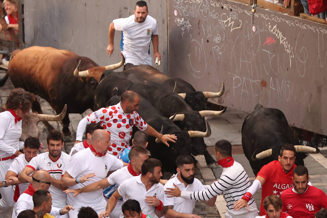 Los mozos corren delante de la manada en el sexto encierro de las fiestas de San Fermín
