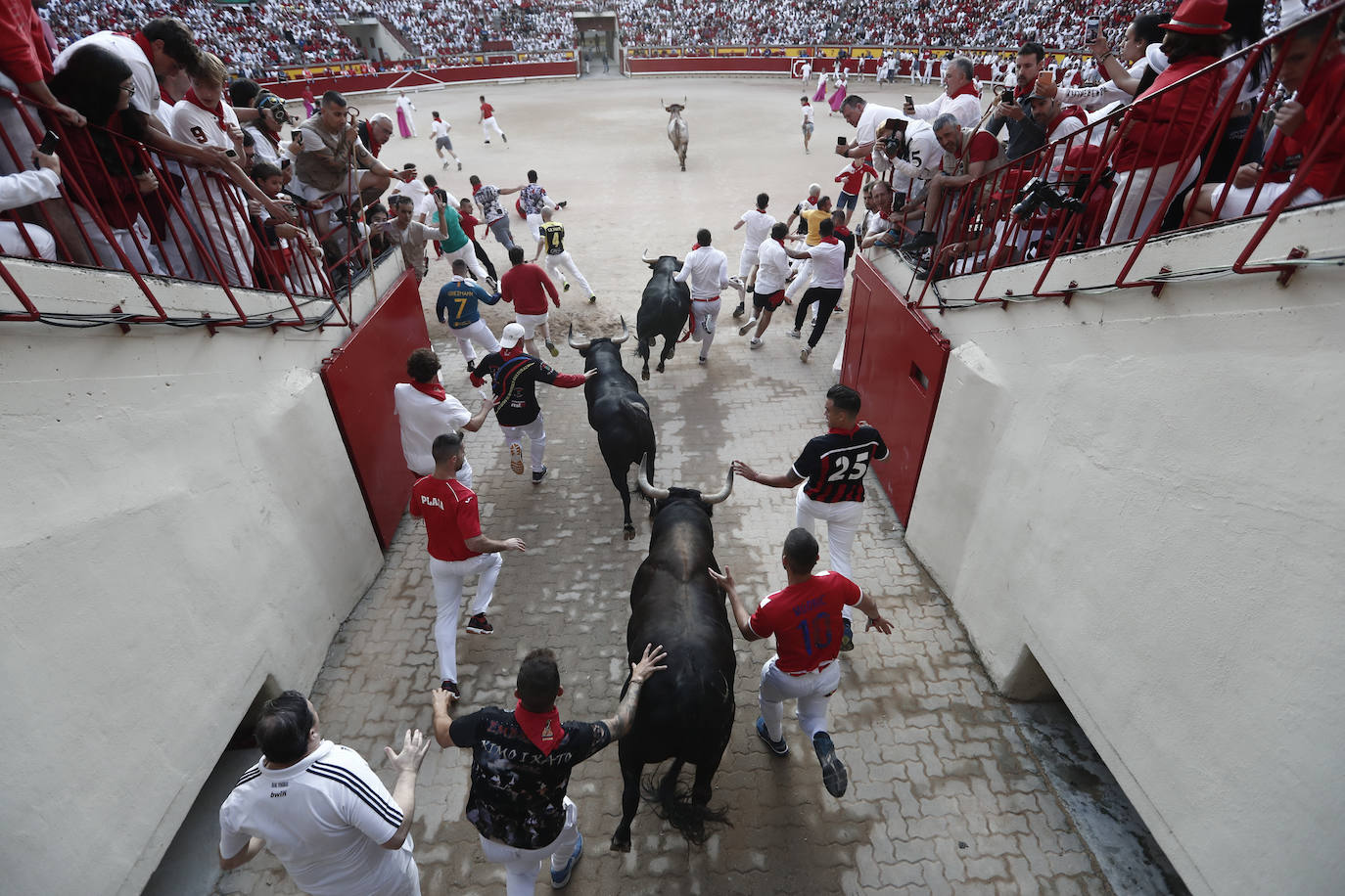 Los mozos acceden a la plaza perseguidos por toros de la ganadería extremeña Jandilla, durante el sexto encierro de Sanfermines