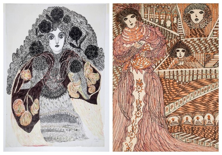 A la izquierda, 'Figura con mantón bordado', de Josefa Tolrà; a la derecha, una de las obras de Madge Gill