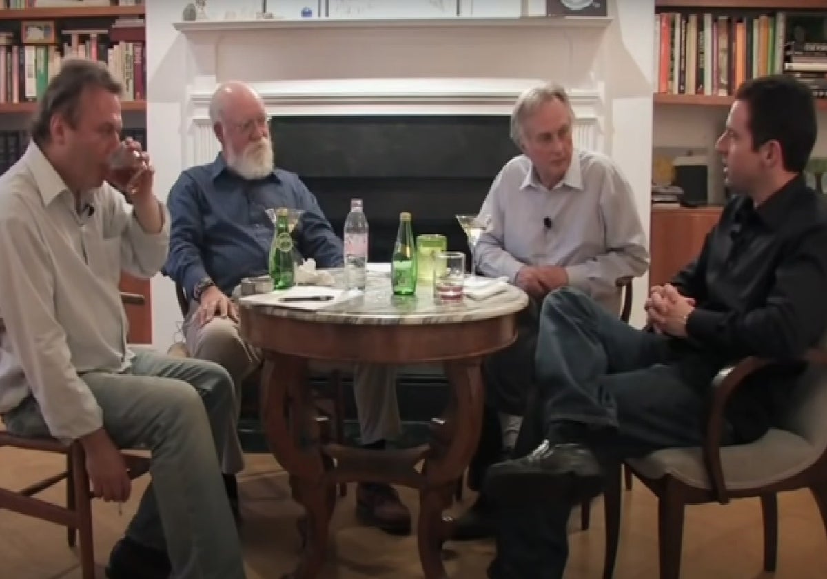 De izquierda a derecha:  Christopher Hitchens, Daniel Dennett, Richard Dawkins y Sam Harris