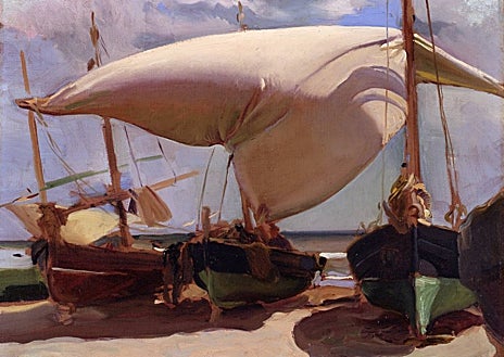 Imagen secundaria 1 - Arriba, 'Niños en la playa', Valencia, 1904. Estudio para 'Verano'. Guggenheim Partners Art Holdings, LLC. Sobre estas líneas, a la izquierda, 'Barcas. Playa de Valencia', Valencia, 1908. A la derecha, 'Elenita vestida de menina', Madrid, 1903. Colección privada