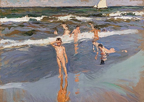 Imagen secundaria 1 - Arriba, 'Playa de Valencia', 1908. Colección Cristina Heeren Noble. Sobre estas líneas, a la izquierda, 'Niños en el mar. Playa de Valencia', 1908. Colección privada. A la derecha, 'El ciprés de la Sultana. Generalife', 1909. Colección particular