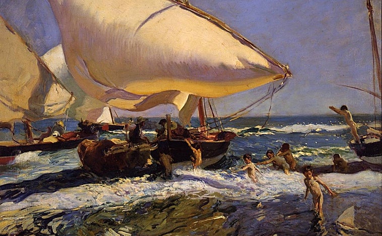Imagen principal - Arriba, 'Playa de Valencia', 1908. Colección Cristina Heeren Noble. Sobre estas líneas, a la izquierda, 'Niños en el mar. Playa de Valencia', 1908. Colección privada. A la derecha, 'El ciprés de la Sultana. Generalife', 1909. Colección particular