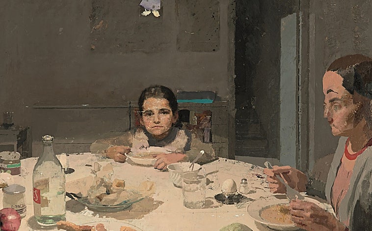 Imagen principal - Arriba, 'La cena' (1871-1980). Sobre estas líneas, 'Gran Vía' (2009-2015) y 'Rosas de Ávila X' (2014) 