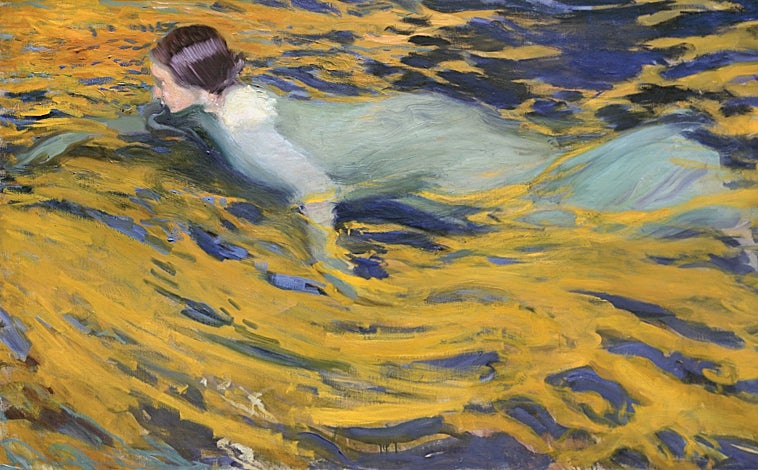 Imagen principal - Sobre estas líneas, fotografía y escultura de Medardo Rosso. Arriba, uno de los lienzos de Joaquín Sorolla de 'Vamos a la playa'