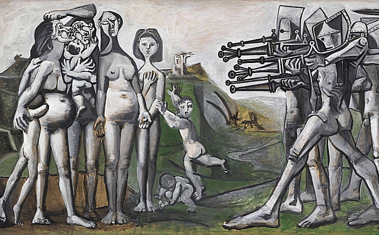 Imagen principal - En la parte superior, 'Masacre en Corea', de Picasso (1951). Sobre estas líneas, de izquierda a derecha, 'Bailarina dormida 3', Farah Atassi (1981) y 'Dimsy clavelina', de Sarah Lucas (2021