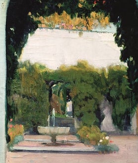 Imagen secundaria 2 - Arriba, 'Patio de Comares, Alhambra de Granada', 1917. Sobre estas líneas, a la izquierda, 'Cala de San Vicente', Mallorca_1919. A la derecha, 'Jardín del Alcázar de Sevilla', 1918