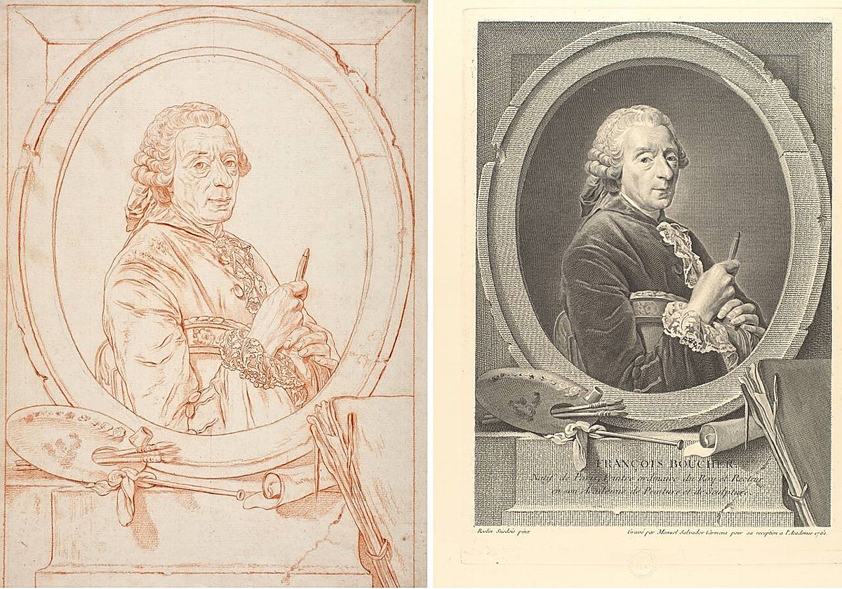 A la izquierda, 'Retrato de François Boucher'. Dibujo de contorno para grabar, Manuel Salvador Carmona. Lápiz negro y rojo 1759-61. A la derecha, 'Retrato de François Boucher'. Estampa Manuel Salvador Carmona. Aguafuerte y buril. 1761