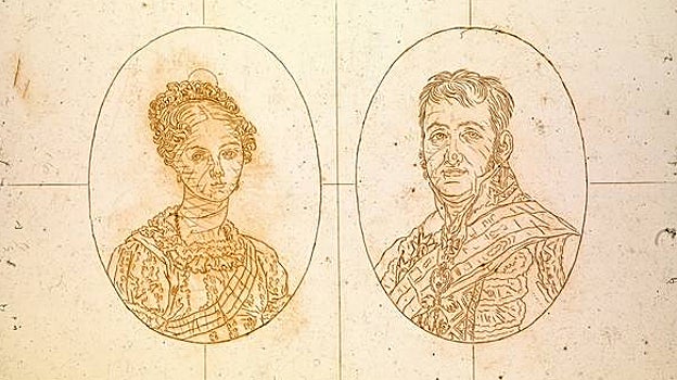 Fernando VII y María Josefa Amalia Calco en papel cristal (gelatina) Rafael Esteve. Lápiz rojo. Repasado con estilete por el dorso, 1819