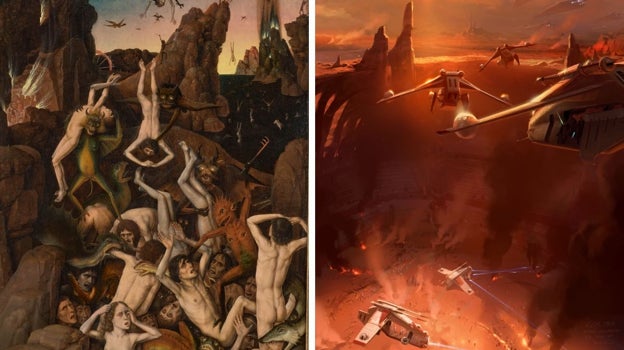 A la izquierda, 'La caída de los condenados', de Dieric Bouts. A la derecha, 'storyboard' de 'Star Wars: el ataque de los clones', de George Lucas