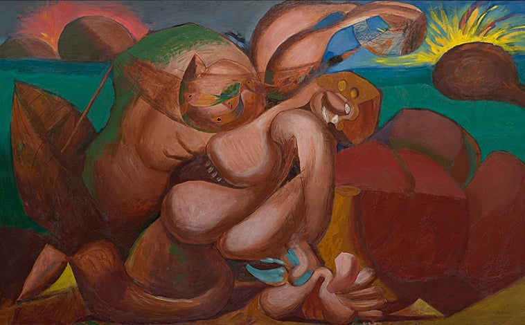 Imagen principal - Arriba, 'El sueño del Pescador' (hacia 1936). Sobre estas líneas, a la izquierda, 'Liberación del pueblo español (cabeza de toro)', h. 1939-46. A la derecha, 'Retrato de hombre joven (El resistente), 1944-45 