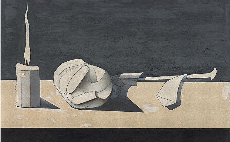 Imagen principal - Arriba, 'Rosa con una vela' (1971-1973), la última obra de Luis Fernández. Sobre estas líneas, a la izquierda, 'Composición (Paisaje)', 1939 A la derecha, 'Palomas', 1963-65. Detalle