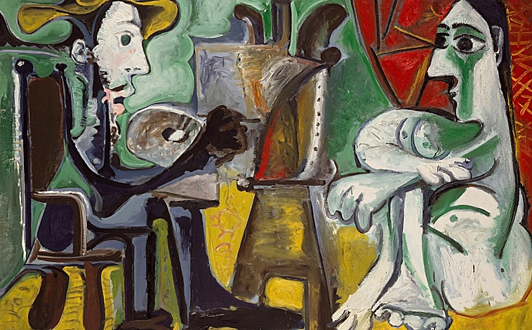 Imagen principal - Arriba, 'El pintor y su modelo' de Picasso, óleo de 1963. Sobre estas líneas, 'La Masía' (1921), de Joan Miró y, del mismo autor, 'Poema III', acrílico de 1968