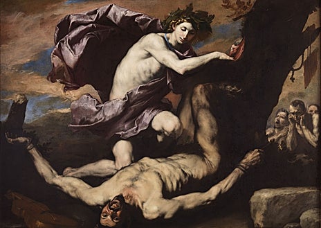 Imagen secundaria 1 - Sobre estas líneas, 'Apolo y Marsias' de Ribera, y 'La Crucifixión' de Masaccio. Arriba, 'Danae', de Tiziano