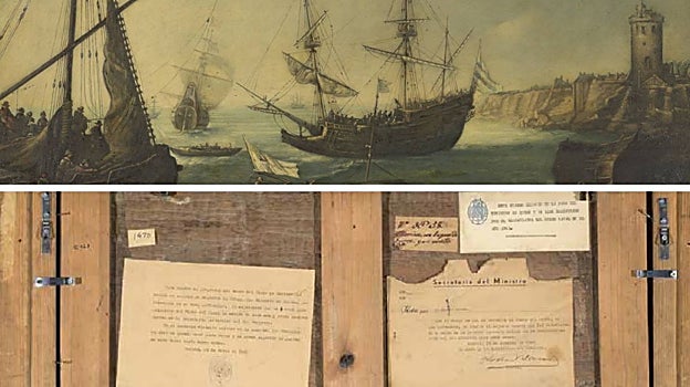 'Marina con buques de guerra y un castillo', de Andriaes van Eertvelt (anverso y reverso)