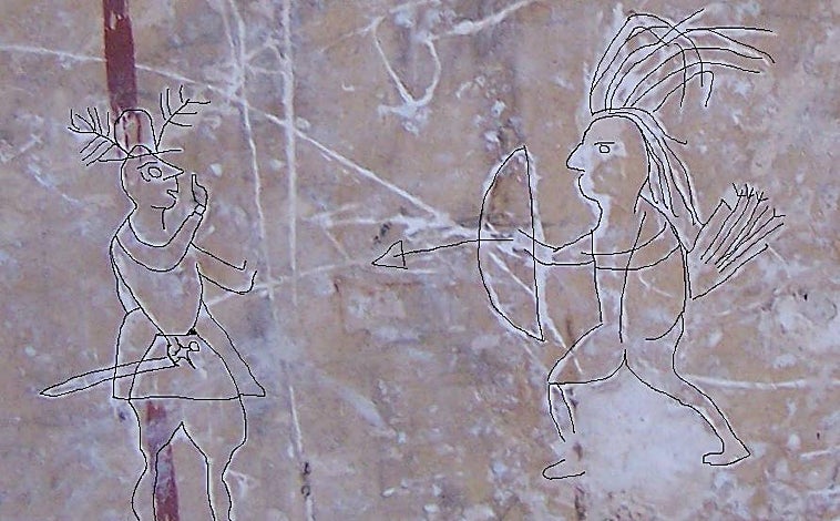 Imagen principal - Un civil español, con la espada envainada, frente a un indígena en actitud agresiva, la insólita representación de dos españoles junto a una mujer y un hombre con vestimenta española 