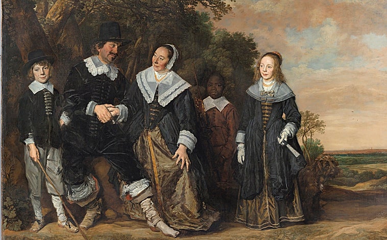 Imagen principal - Arriba, 'Grupo familiar en un paisaje' (1648), de la colección del Museo Thyssen. Sobre estas líneas, 'Retrato de Pieter(?) Verdonck' (Galerías Nacionales de Escocia), y 'Retrato de una mujer, probablemente Cunera van Baersdorp' (Colección Susan y Matthew Weatherbie)