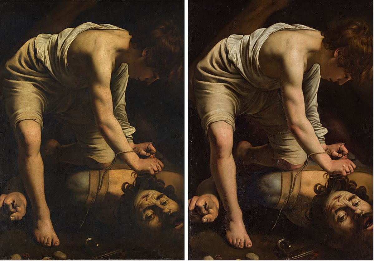 'David vencedor de Goliat', de Caravaggio, antes y después de la restauración (de izquierda a derecha)