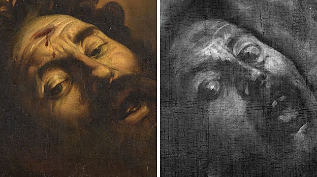 A la izquierda, detalle de la cabeza del Goliat. A la derecha, radiografía de la cabeza de Goliat