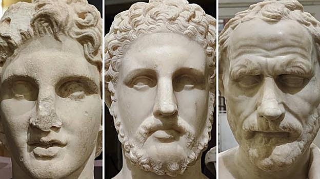 De izquierda a derecha: Alejandro, Filipo y Demóstenes