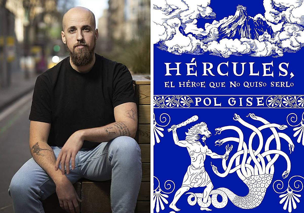 Pol Gise y la portada de su último libro, 'Hércules. El héroe que no quiso serlo'