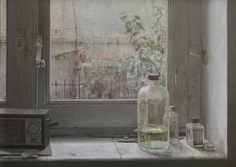 Imagen secundaria 1 - Arriba, 'Jardín' (1966), colección privada. Sobre estas líneas, a la izquierda, 'Ventana con lluvia' (1970, colección privada); a la derecha, 'Lavabo del Colegio de Santa María' (1968, colección privada)