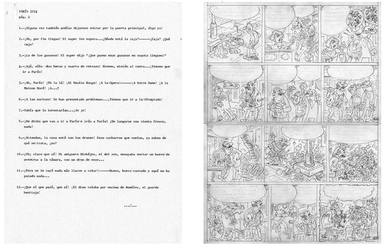 Un ejemplo del proceso creativo de Ibáñez: a un lado, el guion; al otro, el dibujo