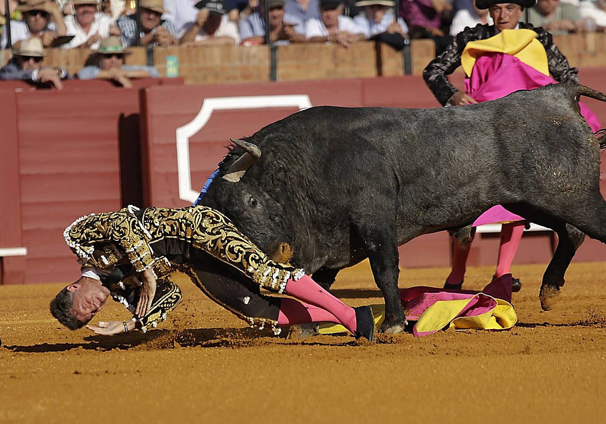 Cogida de Escribano en la corrida de este sábado en la Maestranza