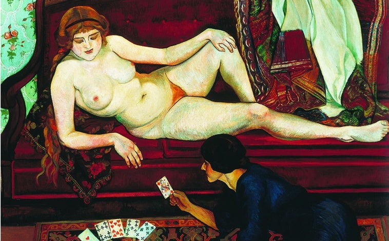 Imagen principal - De arriba abajo, 'El futuro revelado o La tiradora de cartas' (1912); 'Las bañistas' (1923); y ‘Autorretrato en el espejo’