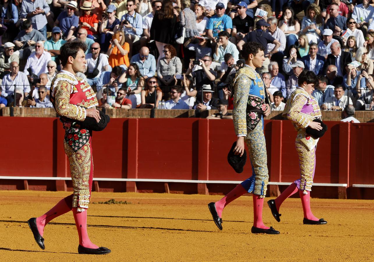 Un momento de la novillada de este domingo, 5 de mayo, en la plaza de la Maestranza de Sevilla