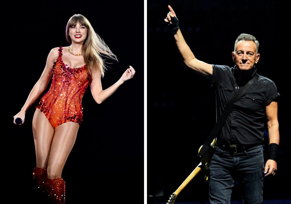 Taylor Swift, durante su actuación en Paris el pasado 9 de mayo; y Springsteen, en Barcelona, en abril de 2023