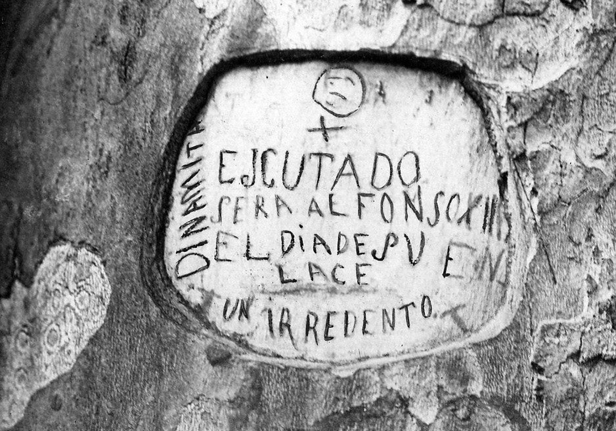 Inscripción descubierta en un árbol del parque de El Retiro en 1906 que anunciaba el atentado contra Alfonso XIII