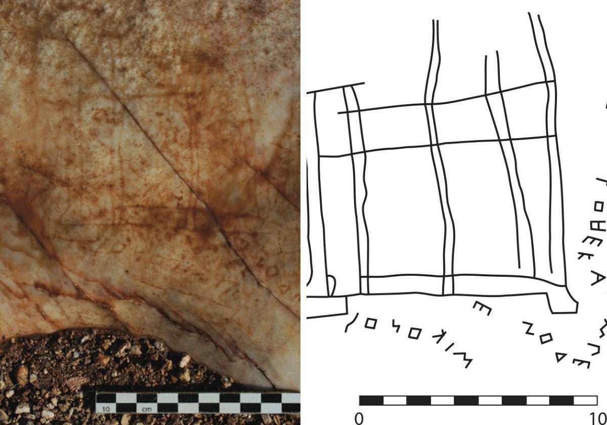 Imagen del grafito grabado por el pastor en el siglo VI a.C y su bosquejo