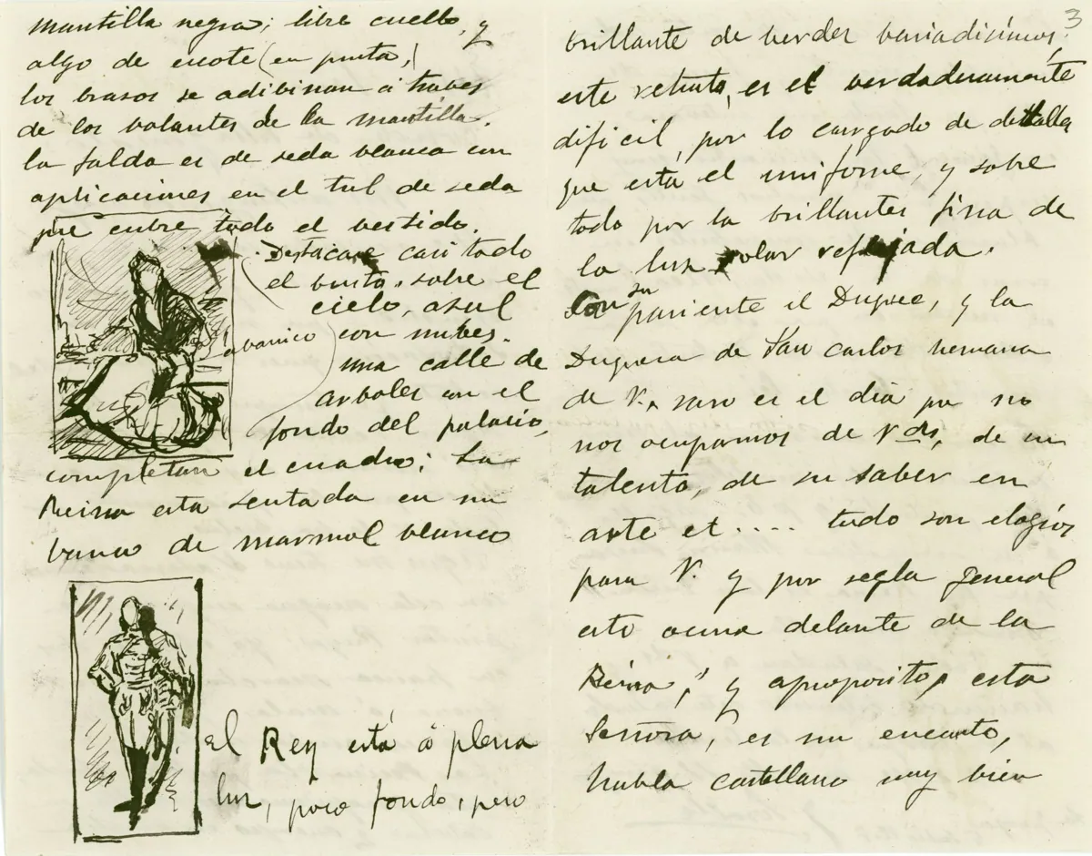 Letter from Sorolla to the Count of Villagonzalo, dated July 5, 1907, with sketches of the portraits of the kings
