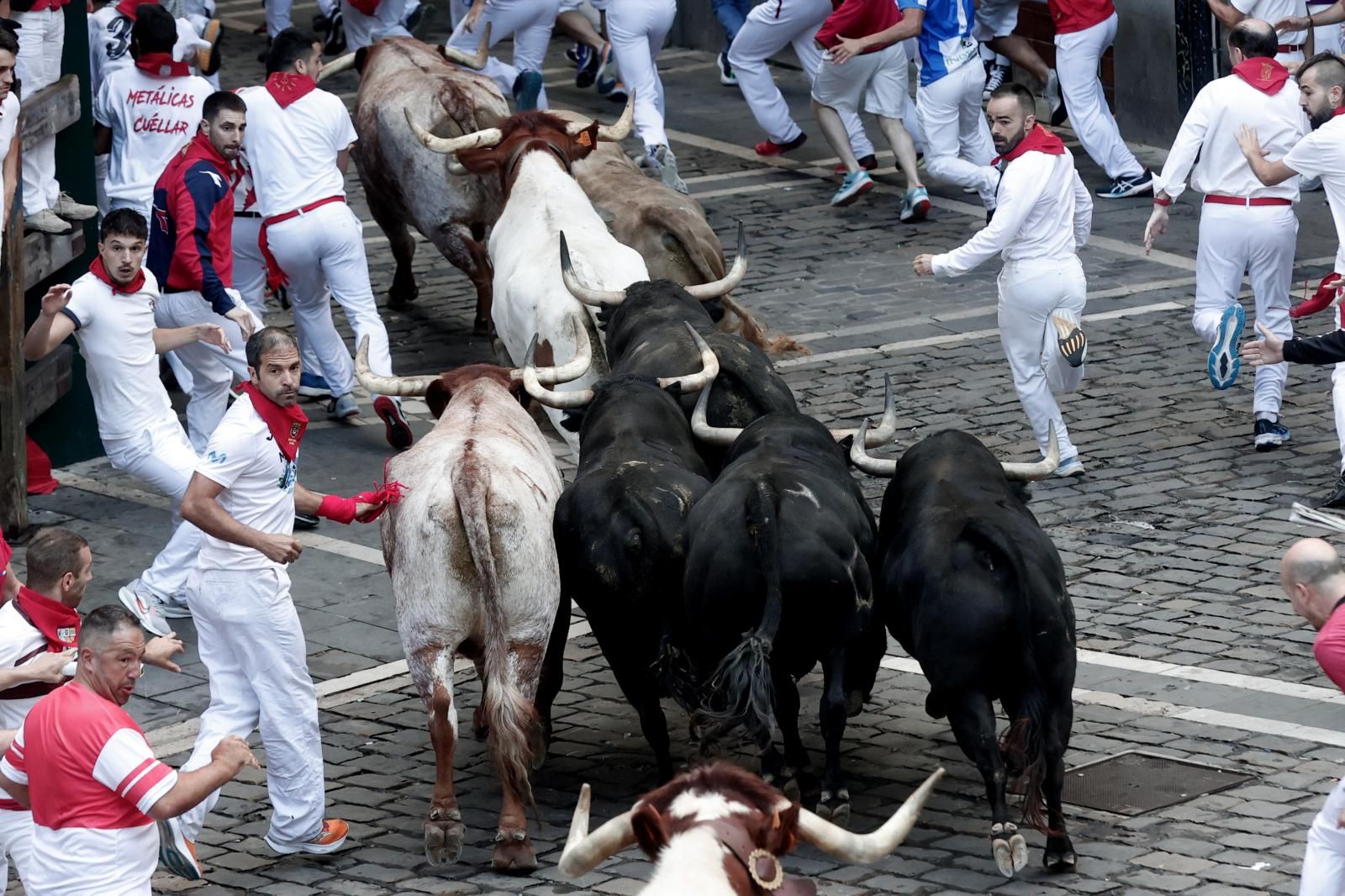 Los astados agrupados en el transcurso del sexto encierro de San Fermín