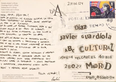 Imagen secundaria 1 - De arriba abajo, aportación 'deportiva' de Paco Molina; reverso de la postal de Alberto Cordón; y polaroid a modo de carta de Roberto Villalón y Flor de Loto Martínez