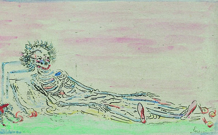 Imagen principal - Arriba, 'Mi retrato en 1960', 1888. Aguafuerte y acuarela. Colección privada. Sobre estas líneas, a la izquierda, 'Orgullo', 1904, aguafuerte y acuarela, Colección P.F. (versión coloreada). A la derecha, 'Los cocineros peligrosos', 1896, lápiz, tiza y gouache. Museo Plantin-Moretus, Amberes. Detalle