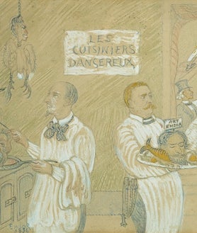 Imagen secundaria 2 - Arriba, 'Mi retrato en 1960', 1888. Aguafuerte y acuarela. Colección privada. Sobre estas líneas, a la izquierda, 'Orgullo', 1904, aguafuerte y acuarela, Colección P.F. (versión coloreada). A la derecha, 'Los cocineros peligrosos', 1896, lápiz, tiza y gouache. Museo Plantin-Moretus, Amberes. Detalle