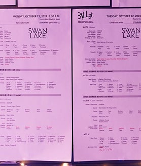 Imagen secundaria 2 - Mientras que el equipo técnico moviliza todos los tutús de los cisnes con perchas móviles, las bailarinas comprueban el elenco que cada día se imprime y se pone en las bambalinas del Teatro Real