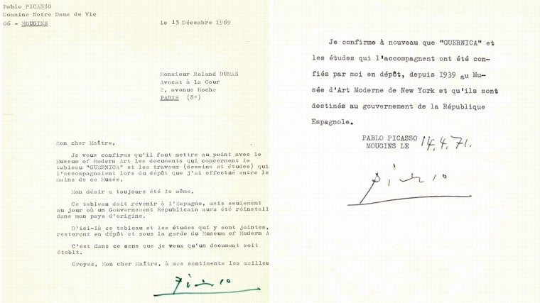 A la izquierda, carta de Pablo Picasso a Roland Dumas encargándole que supervise las condiciones del traslado a España del 'Guernica' y los trabajos preparatorios que lo acompañan, 15 de diciembre de 1969. A la derecha, certificado de Picasso confirmando que el 'Guernica' y los trabajos preparatorios que lo acompañaban estaban destinados al Gobierno de la República española, 14 de abril de 1971