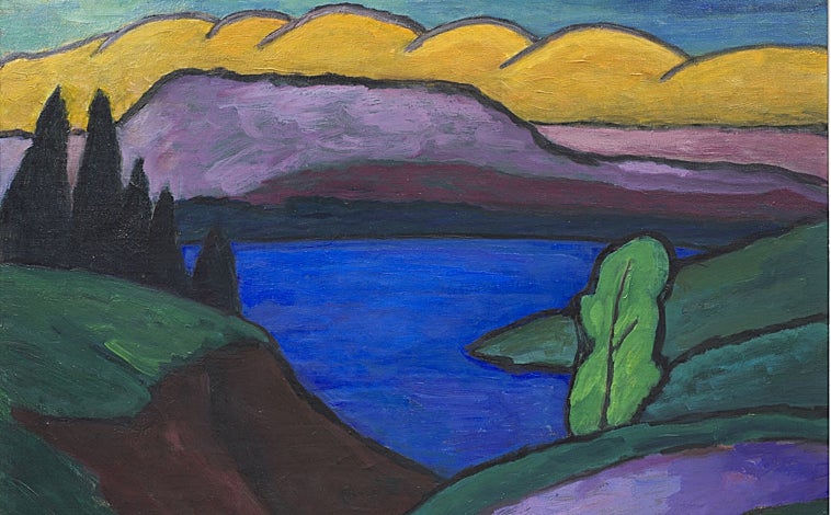 Imagen principal - Arriba, 'El lago azul' (1954). Sobre estas líneas, a la izquierda, 'Lucha contra el dragón' (1913). A la derecha, 'Paseo en barca' (1910). Detalle