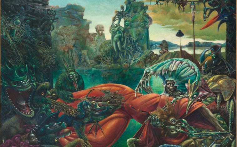 Imagen principal - Arriba, Max Ernst. ‘La tentación de San Antonio’ (1945). Sobre estas líneas, a la izquierda, Max Ernst, en un fotograma de 'La Edad de Oro' (1930), de Luis Buñuel y Salvador Dalí. A la derecha, 'Las hijas de Lot' (1943)