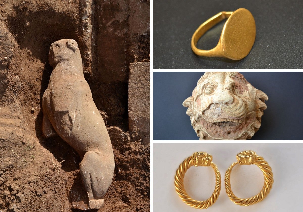 Un gran León de mármol, pendientes y anillos de oro