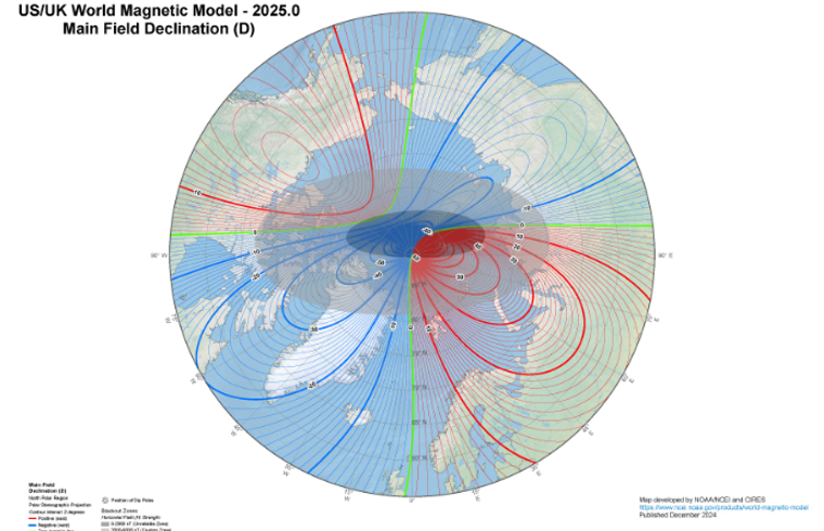 Arctic polar stereographic images of declination with the north dip magnetic pole and blackout zone indicated