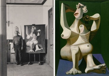 A la izquierda, Picasso posando junto a 'Mujer peinándose'. Les Voillers, Royan, verano de 1940. Fotografía de Dora Maar. Museo Picasso de París. A la derecha, 'Mujer peinándose'. MoMA, Nueva York