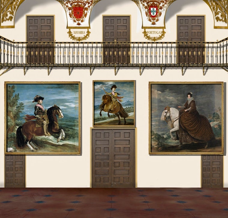 Recreaciones del testero de entrada (sureste) del Salón de Reinos después de la ampliación de los retratos de los reyes
