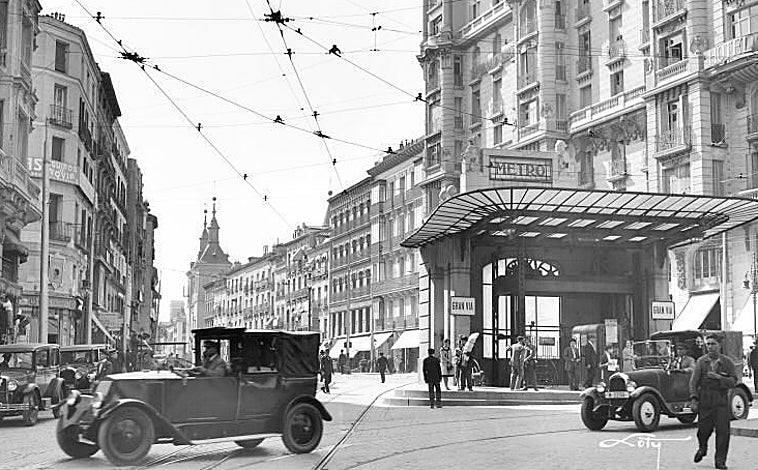 Imagen principal - De arriba abajo, ascensores de metro en Madrid de la Red de San Luis; sección de la fachada de la Casa Palazuelo (1908); y foto del edificio Matesanz