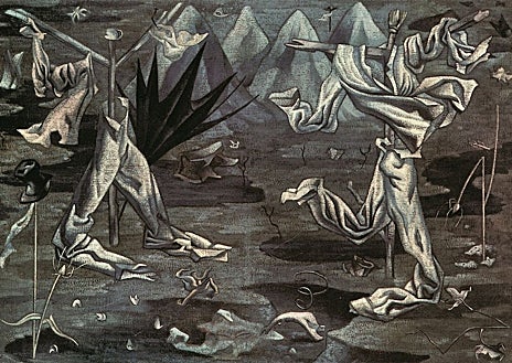 Imagen secundaria 1 - Arriba, 'Antro de fósiles', 1930. Colección Museo Nacional Centro de Arte Reina Sofía, Madrid. Sobre estas líneas, a la izquierda, 'Espantapájaros', 1930. Colección Jake & Hélène Marie Shafran. A la derecha, 'Oro (retrato bidimensional)', c. 1951. Asociación Colección Arte Contemporáneo. Museo Patio Herreriano, Valladolid. Técnicas Reunidas, S.A.