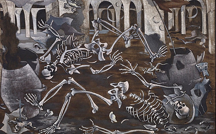 Imagen principal - Arriba, 'Antro de fósiles', 1930. Colección Museo Nacional Centro de Arte Reina Sofía, Madrid. Sobre estas líneas, a la izquierda, 'Espantapájaros', 1930. Colección Jake & Hélène Marie Shafran. A la derecha, 'Oro (retrato bidimensional)', c. 1951. Asociación Colección Arte Contemporáneo. Museo Patio Herreriano, Valladolid. Técnicas Reunidas, S.A.